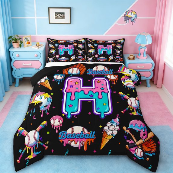 jejeloiu Baseball Sports Queen Comforter Set,Watercolor Letter H Bedding Comforter Set For Girls Boys Reversible 3pcs