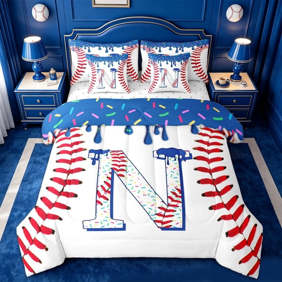 jejeloiu Baseball Theme Initial N 7-Piece Twin Bedding Sets For Kids,Ice Cream Drip Monogram Art Bedding Comforter Set For Boy,Reversible