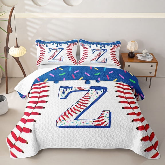 jejeloiu Baseball Theme Initial Z Twin Quilt Set For Kids,Ice Cream Drip Monogram Art Twin Coverlet Set For Boy,2-Piece