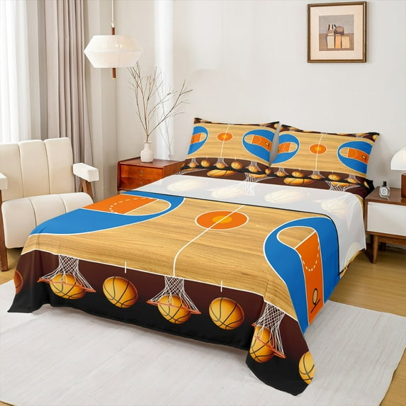 jejeloiu Basketball Court Twin Sheet Sets,Sports Ball Game Twin Fitted Sheet,Orange Blue Black Flat Sheet For Children,Super Cozy Room Decor,3 Pieces