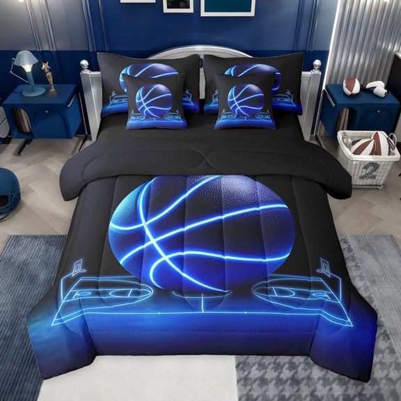 jejeloiu Basketball Game Gaming 7pcs Bedding Comforter Set,Boys Ball Sport Queen Bedding Sets For Adults Reversible