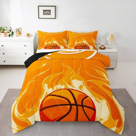 jejeloiu Basketball Sport Full Size Comforter Sets,Boys Ball Game Bedding Comforter Set,Orange Flame Bedding Sets For Teens,Super Cozy Room Decor Reversible,3 Pieces
