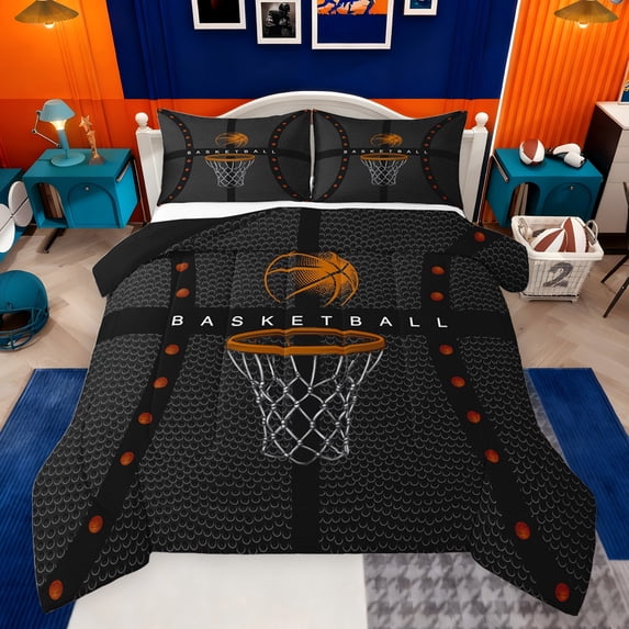jejeloiu Basketball Sport Games Bedding Comforter Set,Ball Lovers Twin Comforter Sets,Black Orange Bedding Set For Teens,Luxury Bedroom Decor Reversible,2pcs