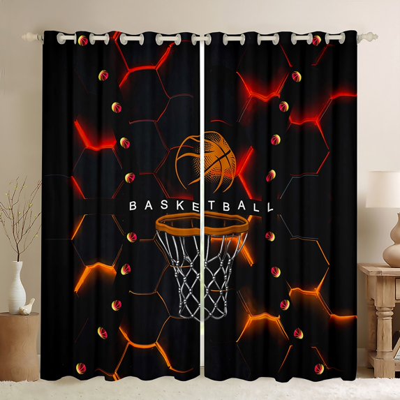 jejeloiu Basketball Sport Lovers Blackout Curtains Set of 2 (52x84 Each),Boys Ball Game Window Curtains,Neon Honeycomb Hexagon Curtains and Drapes For Girls Boys,Ultra Soft Home Decor