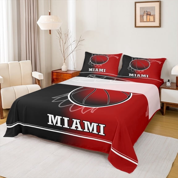 jejeloiu Basketball Twin Sheet Sets,Sports City Miami Twin Fitted Sheet,Red Black Flat Sheet For Boys Kids,Ultra Soft Bedroom Decorative,3-Piece