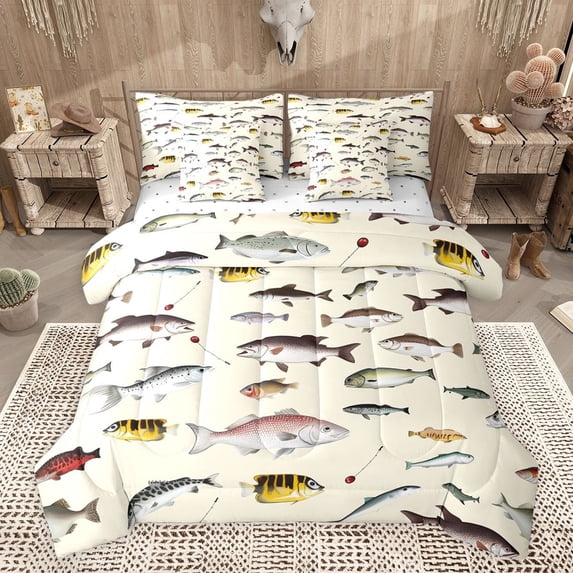 jejeloiu Bass Big Fish 7-Piece Bedding Comforter Set,Fishing And Hunting King Bedding Sets,Rustic Farmhouse Bed Sheets For Men Women,Ultra Soft Home Decor Reversible