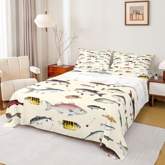 jejeloiu Bass Big Fish Bed Sheets,Fishing And Hunting King Sheets,Rustic Farmhouse Sheet Set For Men Women,Ultra Soft Home Decor,4 Pieces