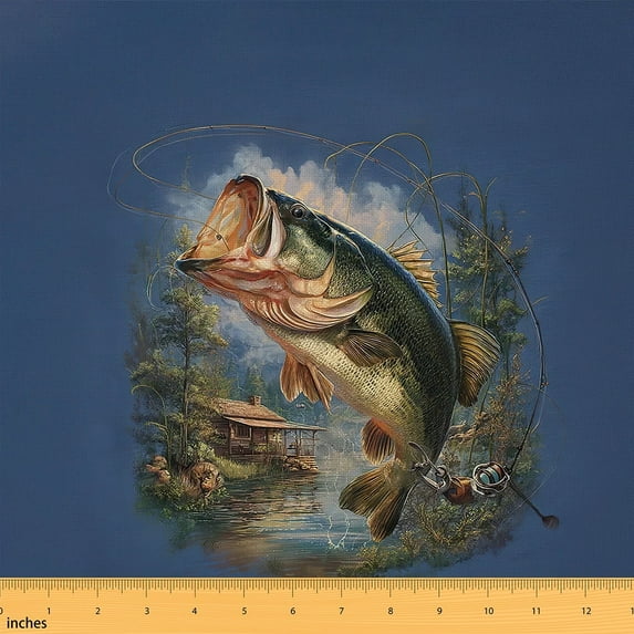 jejeloiu Bass Big Fish Fabric by the Yard 1 Yard,Ocean Pike Fish Home Decor Fabric by the Yard,Rustic Farmhouse Cabin Sewing Fabric For Boys Kids,Super Cozy Room Decor