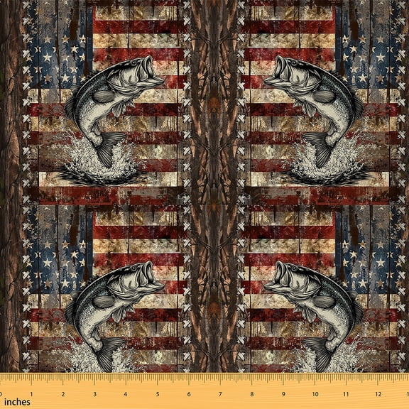 jejeloiu Bass Big Fish Fabric by the Yard 1 Yard,Retro Us Flag Home Decor Fabric by the Yard,Country Farmhouse Lodge Sewing Fabric For Teens,Ultra Soft Home Decor
