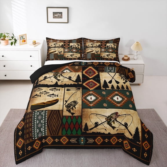 jejeloiu Bass Big Fish Queen Comforter Set,Ocean Sea Animal Bedding Sets,Retro Aztec Geometric Bedding Comforter Set For Boys,Microfiber Bedroom Decor Reversible,3-Piece
