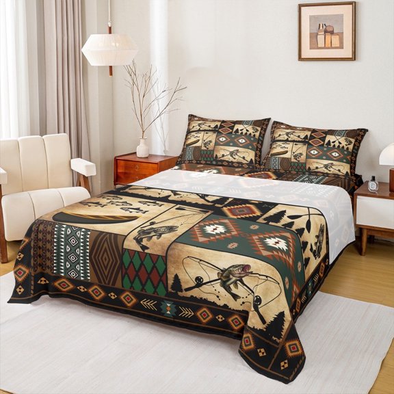 jejeloiu Bass Big Fish Twin Sheet Sets,Ocean Sea Animal Twin Fitted Sheet,Retro Aztec Geometric Flat Sheet For Boys,Microfiber Bedroom Decor,3 Pieces