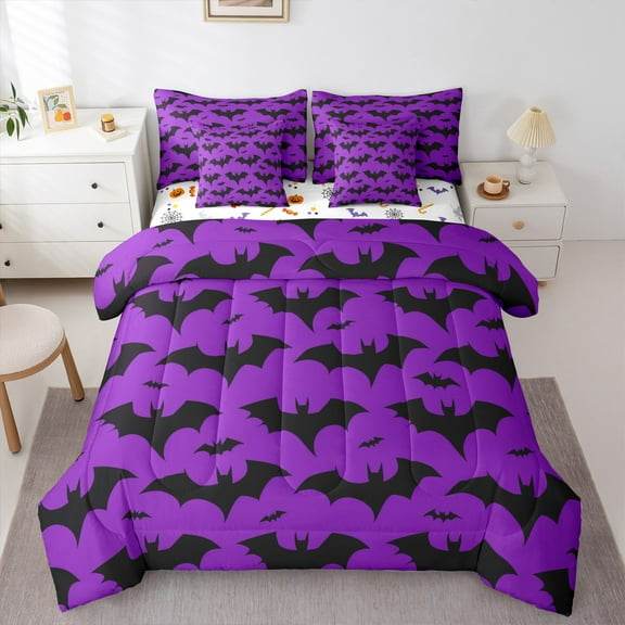 jejeloiu Bat 7-Piece Twin Bedding Sets,Purple Black Bedding Comforter Set,Halloween Theme Sheet Sets For Teens Boys,Super Cozy Room Decor Reversible