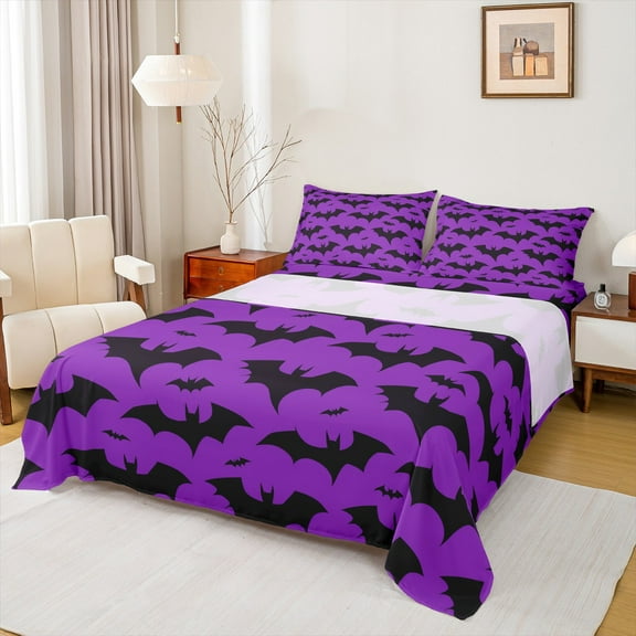 jejeloiu Bat Bed Sheets,Purple Black King Sheets,Halloween Theme Sheet Set For Teens Boys,Super Cozy Room Decor,4pcs