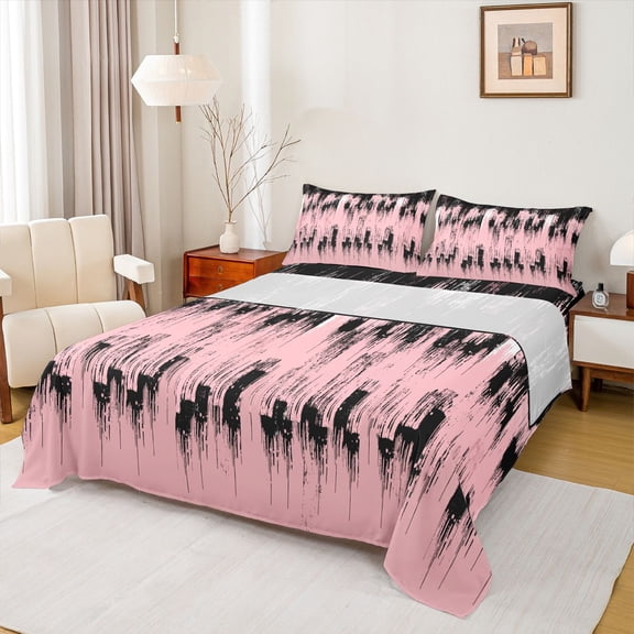 jejeloiu Batik Artwork Full Size Sheets,Geometric Striped Lines Bed Sheets,Pink Black Sheet Sets For Girls Kids,Microfiber Bedroom Decor,4pcs