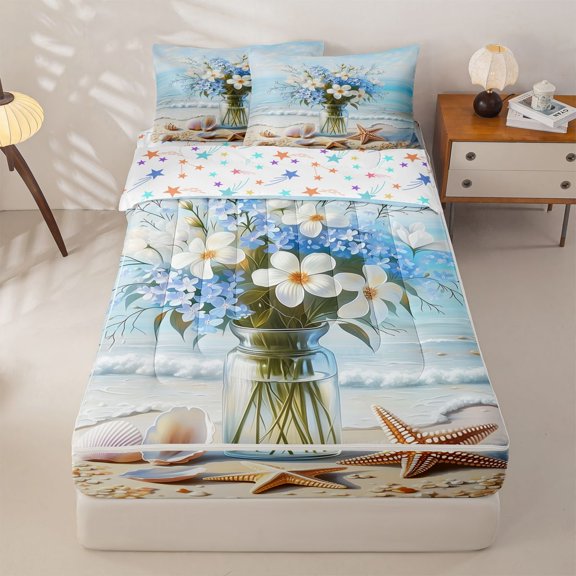 jejeloiu Beach Floral Vase Zipper Twin Comforter Sets with Fitted Sheet and 2 Pillowcases,Starfish Shell Print Zipper Bedding Set For Boys,Light Blue,Colorful Stars Reversible,4 Pieces