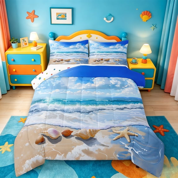 jejeloiu Beach Ocean Wave Full Size Comforter Sets,Seashell Print Bedding Comforter Set For Boys,Blue White,Polkadot Reversible,3 Pieces,1 Comforter and 2 Pillowcases