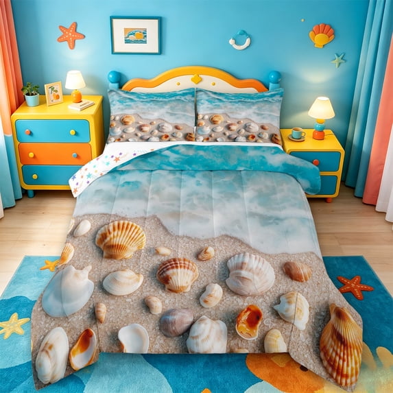 jejeloiu Beach Shells Full Size Comforter Sets,Ocean Pattern Bedding Comforter Set For Boys,Blue Beige,Colorful Stars Reversible,3 Pieces,1 Comforter and 2 Pillowcases