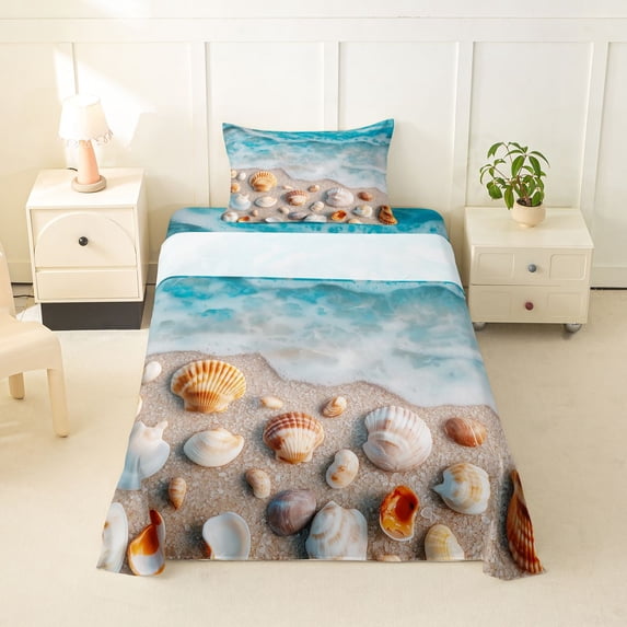 jejeloiu Beach Shells Twin Sheets,Ocean Pattern Bedding For Boys,Blue Beige,3pcs,1 Fitted Sheet and 1 Pillowcase