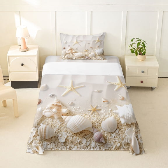 jejeloiu Beach Themed Twin Sheets For Girls,Starfish Seashell Bedding,Beige,3-Piece,1 Fitted Sheet and 1 Pillowcase