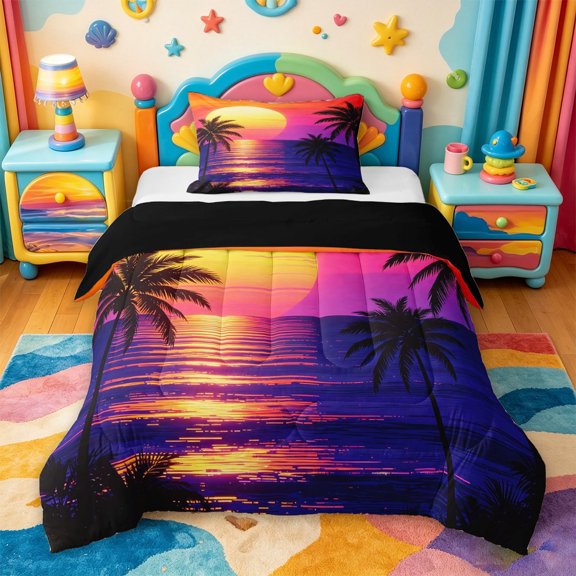 jejeloiu Beauty Ocean Sunset Twin Comforter Sets For Girls,Retro Palm Tree Art Bedding Set,Purple Orange,Black Reversible,2 Pieces,1 Comforter and 1 Pillowcase