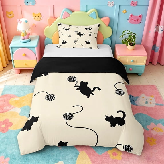 jejeloiu Beige Black Cat Silhouette Twin Bedding Kids,Minimal Kitten Print Duvet Cover Set,Reversible,2-Piece(No Comforter)