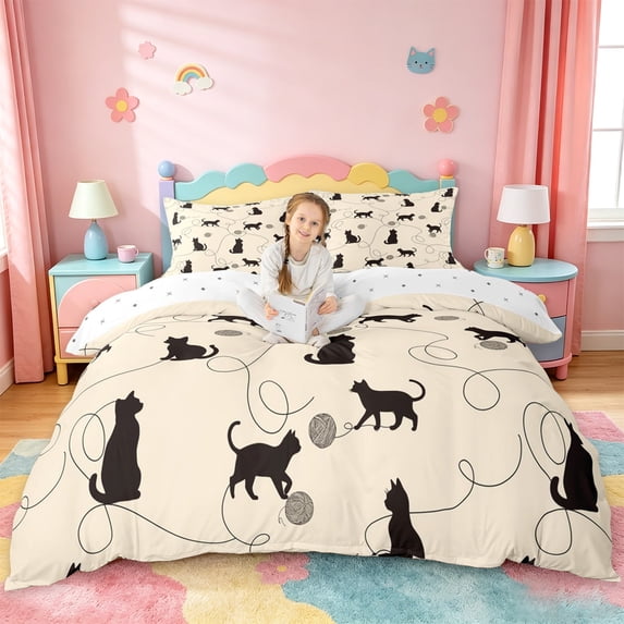 jejeloiu Beige Cat Silhouette Pattern Duvet Cover Set Kids,Minimal Print Bedding Full For Girl,Reversible,3pcs(No Comforter)
