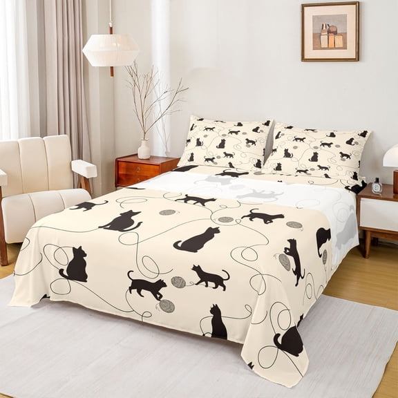 jejeloiu Beige Cat Silhouette Pattern Full Size Sheets Kids,Minimal Print Bed Sheets For Girl,4pcs