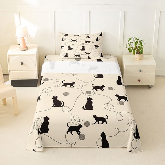 jejeloiu Beige Cat Silhouette Pattern Twin Sheet Sets Kids,Minimal Print Bedding For Girl,3 Pieces