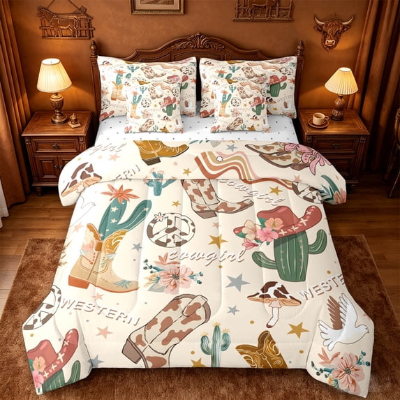 jejeloiu Beige Cowgirl Western 7-Piece Bedding Comforter Set Kids,Desert Boot Print King Bedding Sets,Reversible