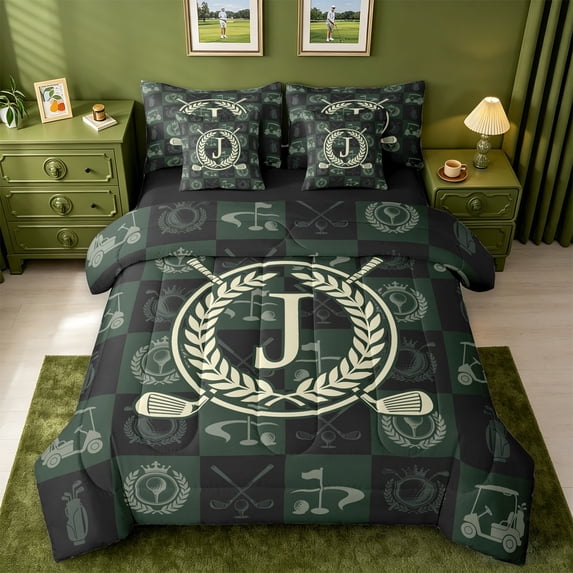 jejeloiu Beige Wreath Initial J 7-Piece Twin Bedding Sets For Kids,Golf Sport Games Theme Bedding Comforter Set For Boys,Black Reversible