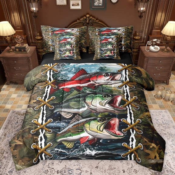 jejeloiu Big Bass Fish 7-Piece Bedding Comforter Set,Rustic Farmhouse Hunting King Bedding Sets,Brown Fall Leaves Bed Sheets For Men Women,Ultra Soft Home Decor Reversible