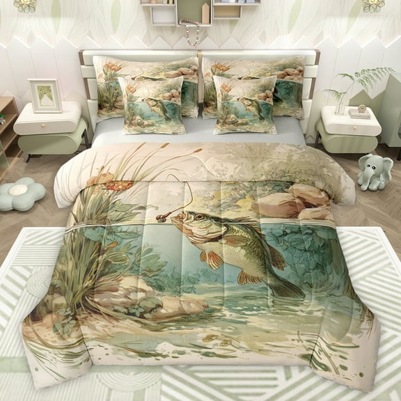 jejeloiu Big Bass Fish 7-Piece Twin Bedding Sets,Fishing And Hunting Bedding Comforter Set,Rustic Farmhouse Cabin Sheet Sets For Kids,Microfiber Bedroom Decor Reversible