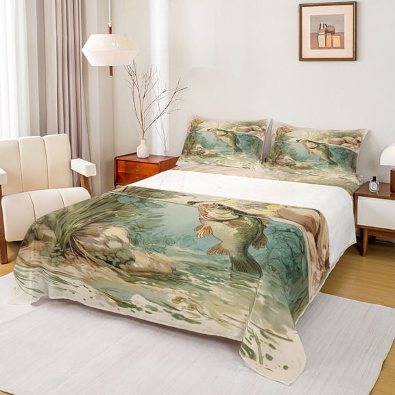 jejeloiu Big Bass Fish Bed Sheets,Fishing And Hunting King Sheets,Rustic Farmhouse Cabin Sheet Set For Kids,Microfiber Bedroom Decor,4-Piece
