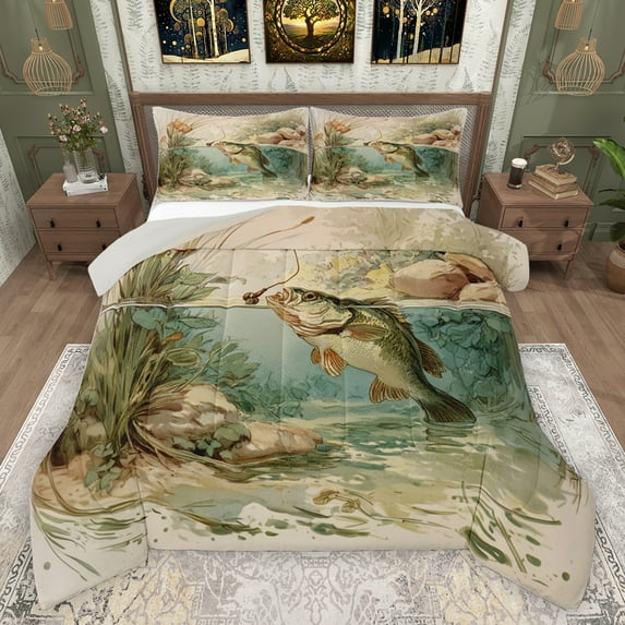 jejeloiu Big Bass Fish Bedding Comforter Set,Fishing And Hunting Twin Comforter Sets,Rustic Farmhouse Cabin Bedding Set For Kids,Microfiber Bedroom Decor Reversible,2-Piece