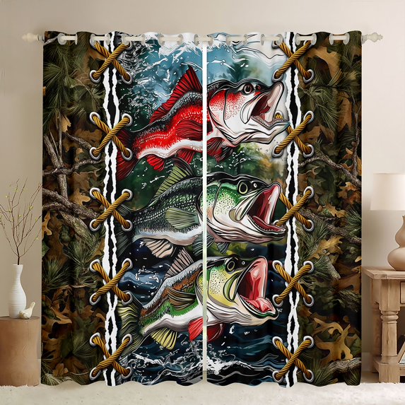 jejeloiu Big Bass Fish Curtains Pack of 2 (42x84 Each),Rustic Farmhouse Hunting Curtains Blackout,Brown Fall Leaves Bedroom Curtains For Men Women,Ultra Soft Home Decor