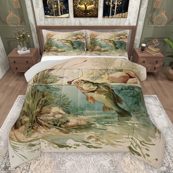 jejeloiu Big Bass Fish Full Size Comforter Sets,Fishing And Hunting Bedding Comforter Set,Rustic Farmhouse Cabin Bedding Sets For Kids,Microfiber Bedroom Decor Reversible,3 Pieces