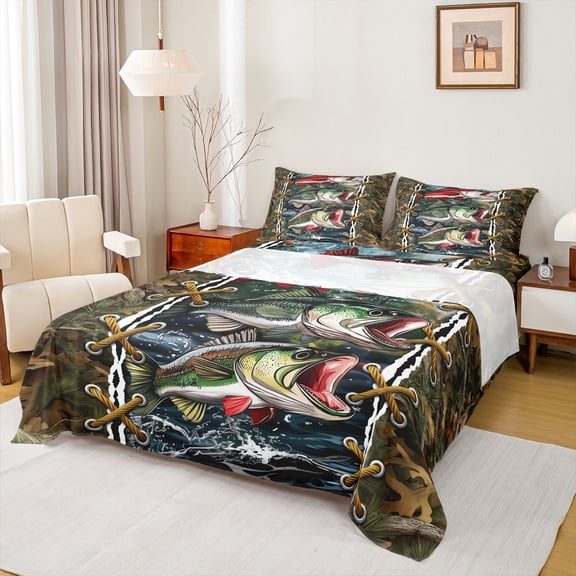 jejeloiu Big Bass Fish Twin Sheet Sets,Rustic Farmhouse Hunting Twin Fitted Sheet,Brown Fall Leaves Flat Sheet For Men Women,Ultra Soft Home Decor,3pcs