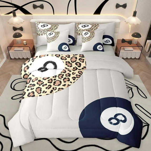 jejeloiu Billiard Game Gaming 7-Piece Bedding Comforter Set,Leopard Cheetah Pattern King Bedding Sets,Gray Black Brown Bed Sheets For Men Women,Breathable Home Decor Reversible
