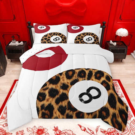 jejeloiu Billiards Ball Game Bedding Comforter Set,Cheetah Leopard Print Twin Comforter Sets,Red White Brown Bedding Set For Girsl Boys,Luxury Bedroom Decor Reversible,2-Piece