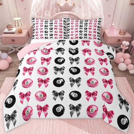 jejeloiu Billiards Game Queen Comforter Set,Cute Bowknot Bow Bedding Comforter Set For Boys Girls Reversible 3 Pieces