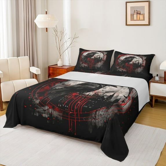 jejeloiu Bird Animal Raven Bed Sheets,Red Splatter Ink King Sheets,Japan Theme Sheet Set For Teens,Breathable Home Decor,4pcs