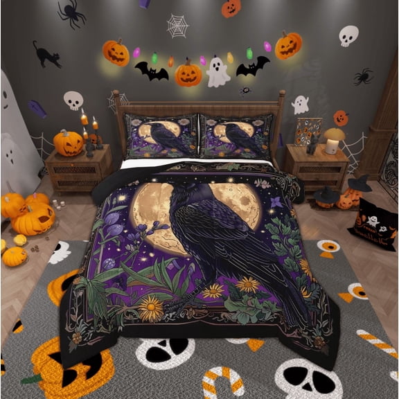 jejeloiu Bird Animal Raven Queen Comforter Set,Colorful Flower Daisy Bedding Sets,Bohemian Sun Moon Bedding Comforter Set,Lightweight Room Decor Reversible,3pcs