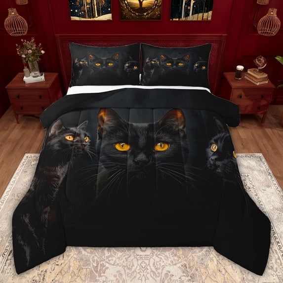 jejeloiu Black Animal Cat Queen Comforter Set,Cartoon Kitten Bedding Comforter Set For Teens Reversible 3-Piece