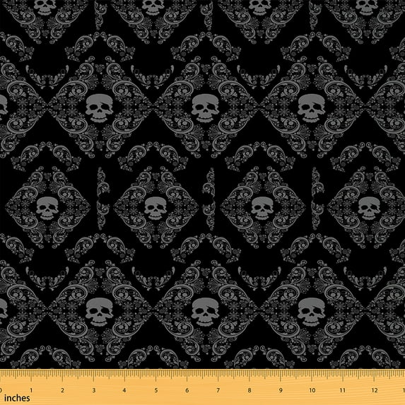 jejeloiu Black Baroque Flower Fabric by the Yard 3 Yards,Damask Print Sewing Fabric,Halloween Skull Fabric for Sewing For Boys Kids,Ultra Soft Bedroom Decoration