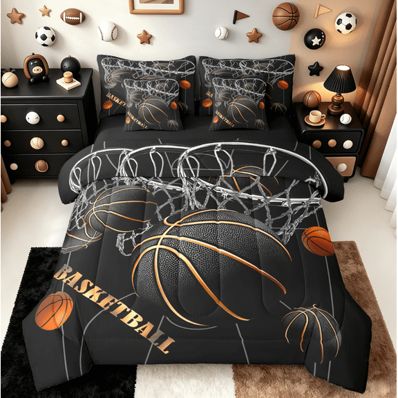 jejeloiu Black Basketball Bedding Comforter Set 7pcs,Ball Games Queen Bedding Sets,Black Gold Orange Queen Sheet Sets,Lightweight Room Decor Reversible