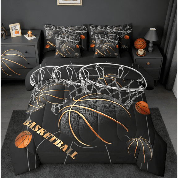 jejeloiu Black Basketball Bedding Comforter Set 7pcs,Ball Games Queen Bedding Sets,Black Gold Orange Queen Sheet Sets,Lightweight Room Decor Reversible