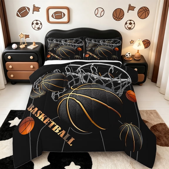 jejeloiu Black Basketball Bedding Comforter Set,Ball Games Twin Comforter Sets,Black Gold Orange Bedding Set,Lightweight Room Decor Reversible,2-Piece