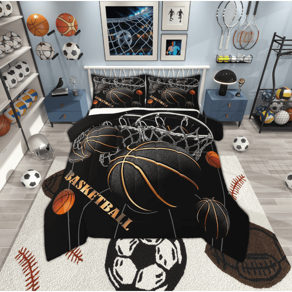 jejeloiu Black Basketball Bedding Comforter Set,Ball Games Twin Comforter Sets,Black Gold Orange Bedding Set,Lightweight Room Decor Reversible,2-Piece