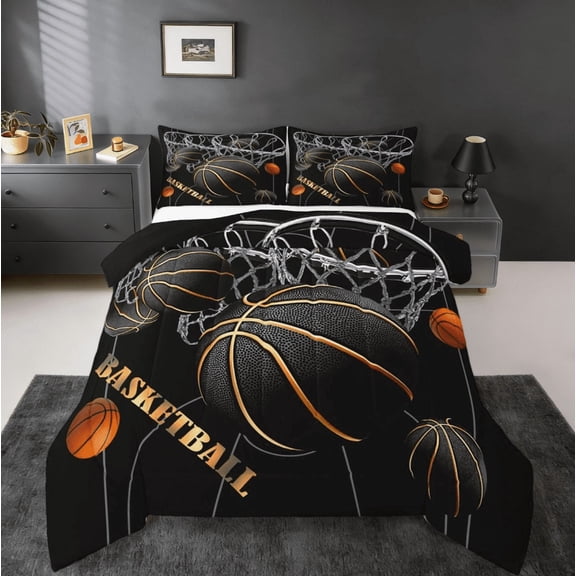 jejeloiu Black Basketball Bedding Comforter Set,Ball Games Twin Comforter Sets,Black Gold Orange Bedding Set,Lightweight Room Decor Reversible,2-Piece
