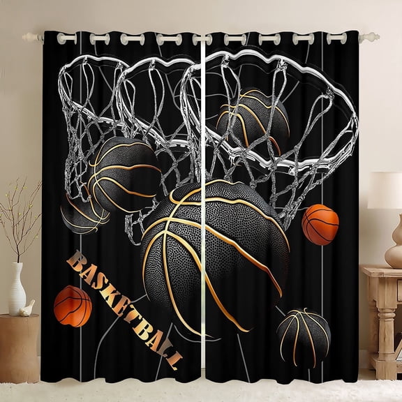 jejeloiu Black Basketball Curtains Pack of 2 (42x84 Each),Ball Games Curtains Blackout,Black Gold Orange Bedroom Curtains,Lightweight Room Decor